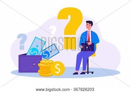 Sad Man Concerned About Financial Problem, Money Need And Unpaid Loan Debts. Male Character, Questio