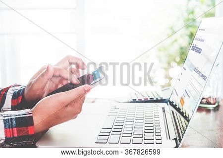 Concept Online Payment Mobile Technology. Hand Of Women Using Smartphone. Touch The Pay Button Of Mo