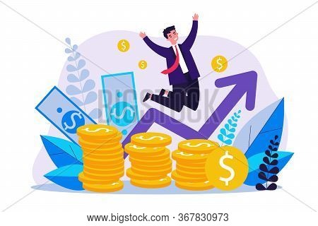 Happy Banker Jumping Over Coins Flat Vector Illustration. Cartoon Rich Businessman Celebrating Finan
