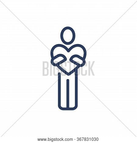 Person Holding Heart Thin Line Icon. Love, Man, Limerence Isolated Outline Sign. Friendship And Love