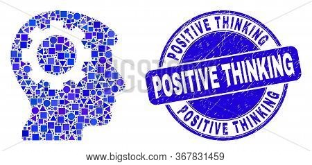 Geometric Gear Thinking Head Mosaic Pictogram And Positive Thinking Stamp. Blue Vector Round Distres