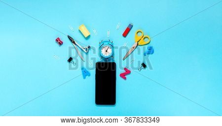 Online Education And Distance Learning Concept Notepad, Pencil Case And Stationery And School Suppli