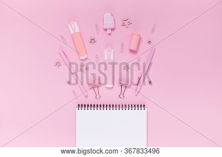 Back To School Concept Notepad, Pencil Case, Stationery And School Supplies. Top Horizontal View Cop