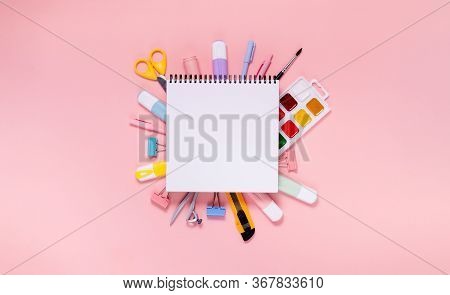 Back To School Concept Notepad, Pencil Case, Stationery And School Supplies. Top Horizontal View Cop