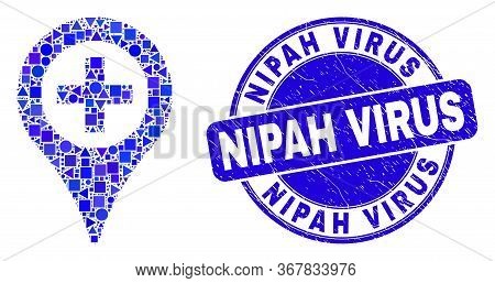 Geometric Medical Map Marker Mosaic Icon And Nipah Virus Watermark. Blue Vector Round Distress Water