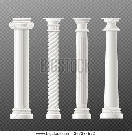 Set Antique Columns Or Pillars, Realistic Vector Mockup Illustration Isolated.