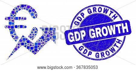 Geometric Euro Growing Trend Mosaic Pictogram And Gdp Growth Seal Stamp. Blue Vector Round Grunge Wa