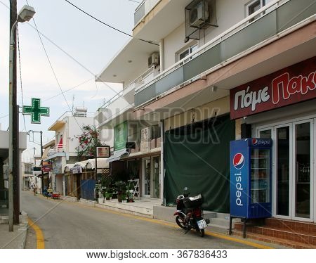 Afandou, Rhodes, Greece - May 20, 2020: Street In The Village Of Afandou, Rhodes, Greece