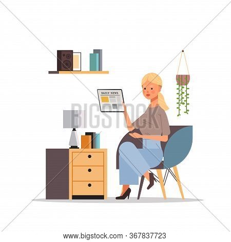 Woman Reading Daily News On Tablet Pc Screen Press Mass Media Newspaper Concept Businesswoman Sittin