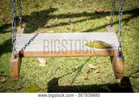 Swings In The Garden With Foliage On The Lawn.