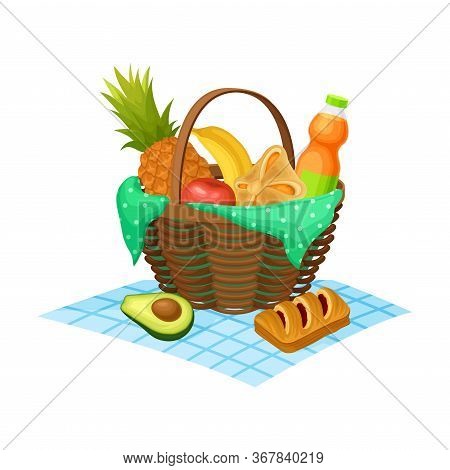 Wicker Picnic Basket Or Hamper Full With Fruit And Baked Products Rested On Overlay Vector Illustrat