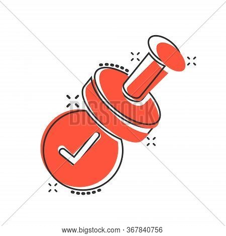 Approve Stamp Icon In Comic Style. Accept Check Mark Cartoon Vector Illustration On White Isolated B