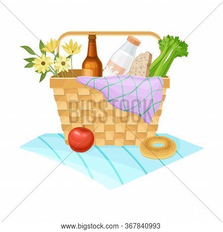 Wicker Picnic Basket Or Hamper Full With Foodstuff Vector Illustration
