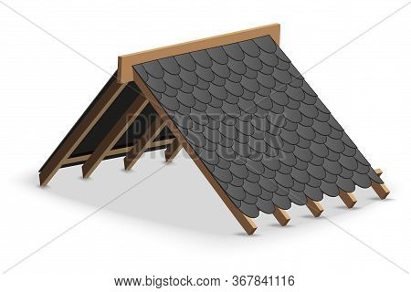 Black Shingles Roofing Cover On Roof. Element Concept For Building Construction And Repair. Vector I