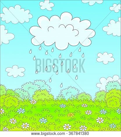 Funny Plump Rain Cloud With Dripping Raindrops Over A Green Field With Beautiful Flowers On A Pretty