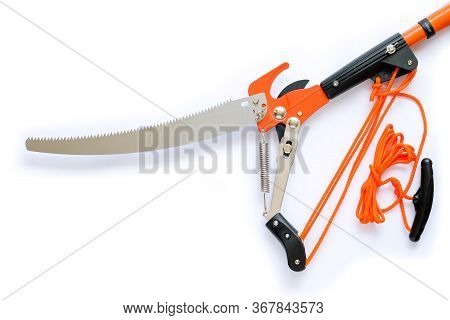 Pruning Saw And Pruning Shears Isolated On White Background. Scissors, Pulling With Rope.