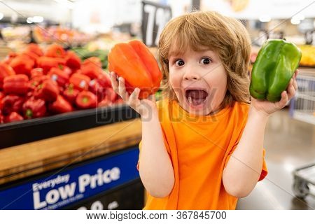 Happy Little Customer Boy Holdind Trolley, Shopping At Supermarket, Grocery Store