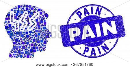 Geometric Migraine Head Mosaic Icon And Pain Stamp. Blue Vector Rounded Distress Seal Stamp With Pai