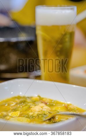 Home-cooked Meal. Bean Stew With Cold Beer.