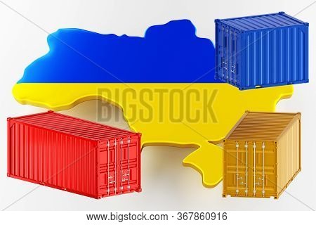 3d Map Of Ukraine. Freight Shipping In Containers. Export From The Country In Containers. 3d Renderi