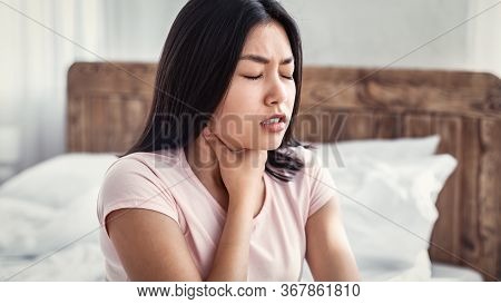 Flu And Cold. Sick Asian Woman Having Sore Throat Suffering From Pharyngitis At Home. Panorama