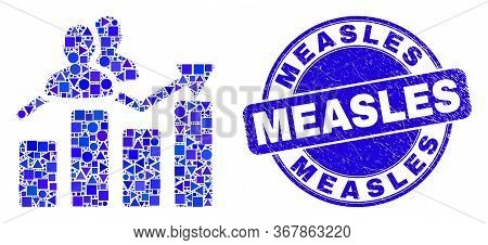 Geometric Visitors Bar Chart Mosaic Pictogram And Measles Seal. Blue Vector Rounded Scratched Seal W