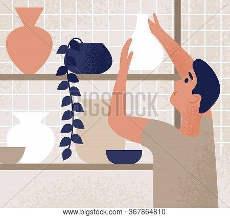 Male Working At Ceramic Studio Putting Crockery On Shelf Vector Flat Illustration. Ceramist Assistan
