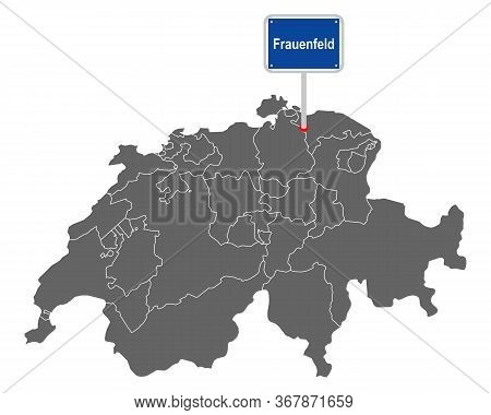 Detailed And Accurate Illustration Of Map Of Switzerland With Road Sign Of Frauenfeld