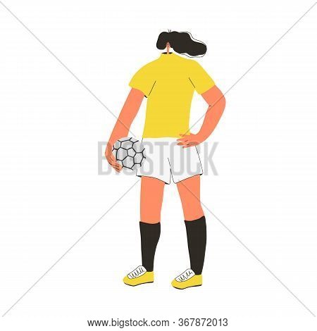 Young Female Soccer Player Wearing In Uniform. Woman Football Athlette Dressed In Sportwear And Boot