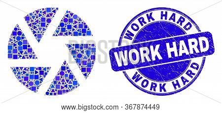 Geometric Shutter Mosaic Icon And Work Hard Seal Stamp. Blue Vector Round Textured Seal Stamp With W