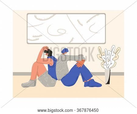 Young Couple After Quarrel Sitting Back To Back On The Floor Of Their Room. Communication Problems. 