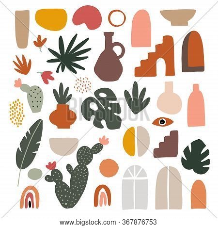 Set Of Abstract Hand Drawn Shapes, Leaves, Flowers, Geometric Elements. Flat Modern Artistic, Minima