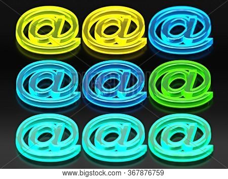 9 Glassy E-mail Symbols, Green, Yellow And Blue Neon Light, 3d Illustration