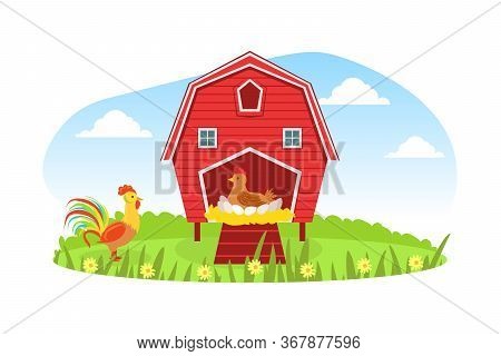 Farm Animals And Red Barn, Windmill On Beautiful Summer Rural Landscape, Rooster And Hen Hatchering 
