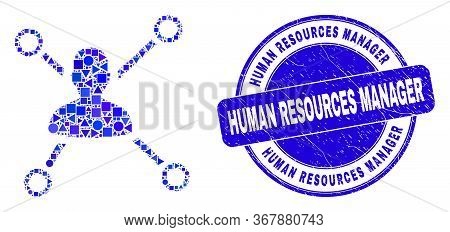 Geometric Person Links Mosaic Pictogram And Human Resources Manager Seal. Blue Vector Round Scratche