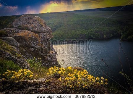 Panoramic View From The Hill On Bend Of The River. Beautiful Summer Landscape. Colorful Clouds Of Th