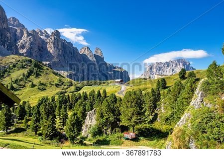 Landscape View Of Colfosco, Calfosch, Val Gardena, Dolomites, South Tyrol In Italy