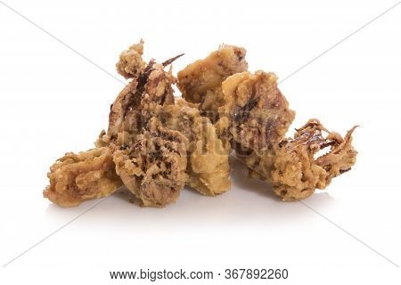 Fried Chopitos, Typical Spanish Food, Isolated On White With Reflection.