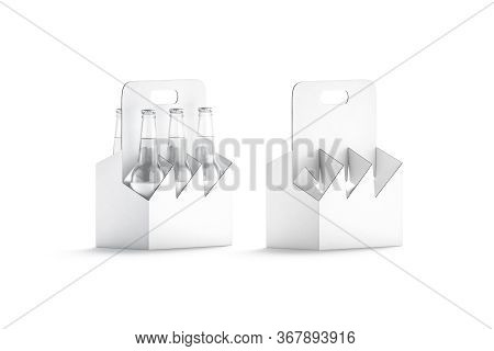 Blank White Glass Beer Bottle Cardboard Holder Mockup, Half-turned View, 3d Rendering. Empty Carrier