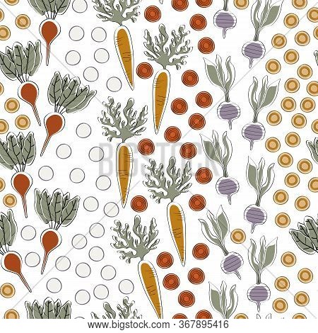 Vector Vegetables Carrots Beets Turnips Rows On White Seamless Repeat Pattern. Background For Textil
