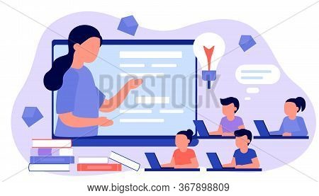 Learn From Distance With Teacher, Online Education. Kids Boy And Girl Is Sitting On Laptop And Study