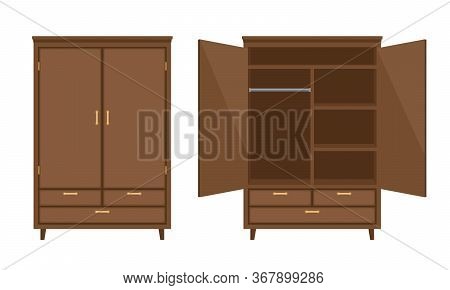 Wood Wardrobe. Wooden Empty Dresser Walldrobe Vector Illustration, Worderobe With Drawer, Shelves An