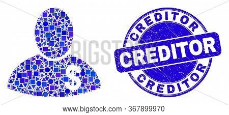 Geometric Banker Mosaic Icon And Creditor Seal Stamp. Blue Vector Rounded Scratched Seal Stamp With 