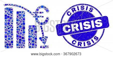 Geometric Euro Crisis Chart Mosaic Pictogram And Crisis Seal Stamp. Blue Vector Round Grunge Seal St