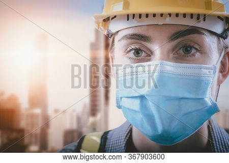 Coronavirus Covid-19 Health Protective Of New Normal, Portrait Attractive Of Engineer Woman In Safet