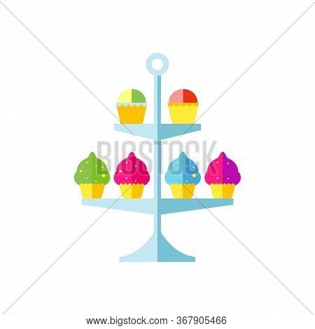 Icon Of Cake Stand With Cupcakes. Sweet Food, Sweetshop, Confectionery. Dessert Concept. Can Be Used