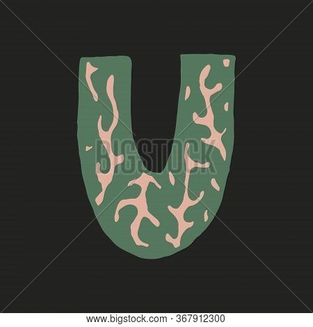 Hand Dawn Vector Letter U Isolated On Dark Background. English Alphabet Capital Letters With Floral 