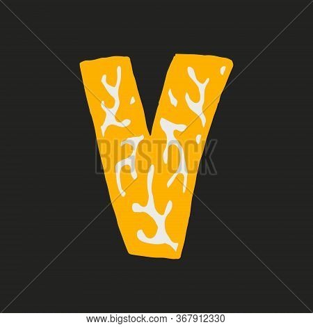 Hand Dawn Vector Letter V Isolated On Dark Background. English Alphabet Capital Letters With Floral 