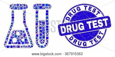 Geometric Chemical Glassware Mosaic Icon And Drug Test Stamp. Blue Vector Rounded Scratched Stamp Wi