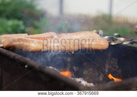 Close Up Of Toasted Sausages On Skewers. Succulent Kupaty Roasting On Chargrill. Concept Of Picnic O